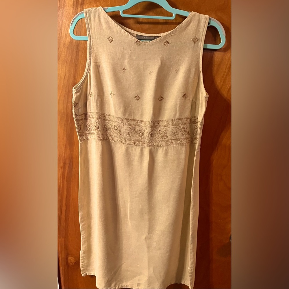 Golden embroidered yellow linen sundress